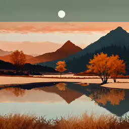 an art print with a lake and a mountain in the background,a painting with an orange, green and blue sunset