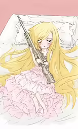a blonde haired girl with a gun is laying on a bed