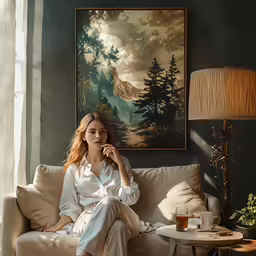 a woman in pajamas sits on a couch with an oil painting behind her