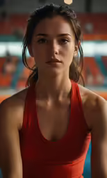 the woman is wearing a red shirt and is posing