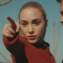 a woman in red is pointing to someone