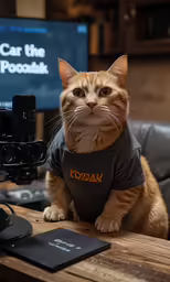 a cat sitting on a table next to a video camera