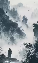 a man walks through the foggy forest