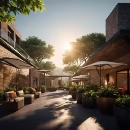 a sun is seen shining over the lounges in front of the resort