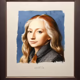 a drawing of a blonde woman is shown in a brown frame
