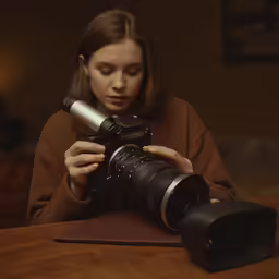 a girl in brown jacket using a camera