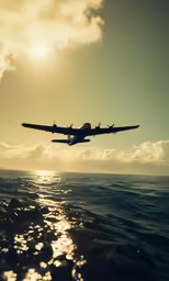 an airplane is flying low over the water