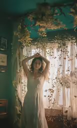 woman in dress leaning on window holding her hair