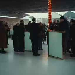 people standing in a room by a large tall red pole