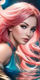 an attractive woman with pink hair and shiny blue dress