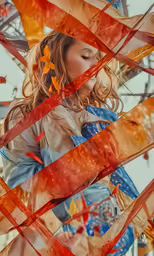 a girl looking through colored bars in front of her