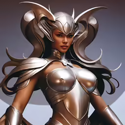 an artisticly painted image of a woman with metal armor and hair