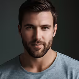 a man with a beard is staring into the camera