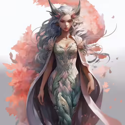 a girl with long white hair standing in front of flowers,a very long haired girl with horns on