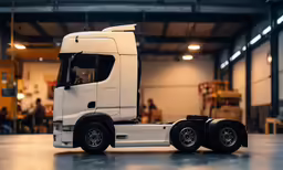 white semi truck in a garage surrounded by boxes