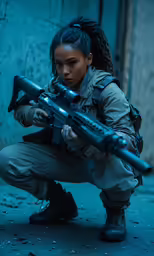 a girl wearing military gear is crouching down and holding an ak - 47 rifle