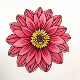 a flower drawing in color with pen and ink on paper,a drawing of a red flower on a white background,a flower on a white background is featured in this drawing,an abstract drawing of a flower in pink and yellow,a pink flower on top of white paper