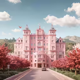 the entrance to a big pink building with some trees in front