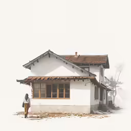 two people stand outside of a white building