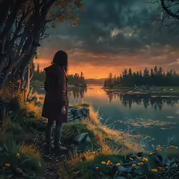a person standing in the grass near water