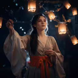 a young woman in a kimono with oriental lanterns