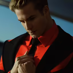 man in formal wear with suit and tie looking down