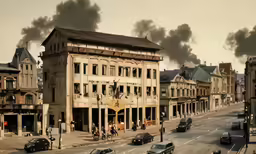 a city street with old buildings, some people, and cars on it