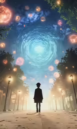 a person standing in the street with a sky full of bubbles and stars