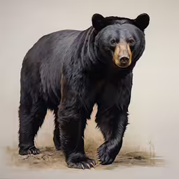 the large black bear is walking across the sand,an oil painting of a bear standing in dirt