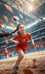 a little girl running across a beach to catch a soccer ball