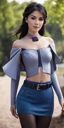 the model wears a top and skirt with black tights