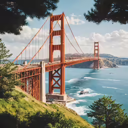 a very tall bridge near the ocean with boats on it
