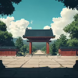a chinese temple is sitting alone in the park