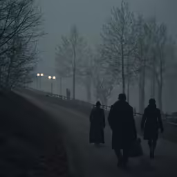 a group of people walking down a road on a foggy day