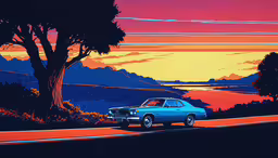 a painting of a car traveling on the road,a car is parked by the side of the road at sunset