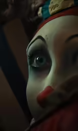 a creepy doll with an evil face has dark blue eyes