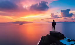 a man standing on top of a large cliff near a body of water