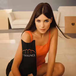 a young woman kneeling in a floor with her arm around a bag
