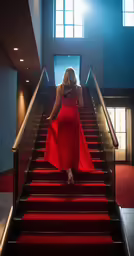 there is a woman in a red dress that is going down a staircase