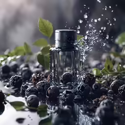 an electronic device sitting on top of water with berries and green leaves surrounding it