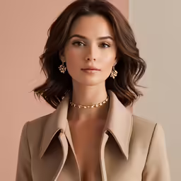 woman wearing gold jewelry with tan shirt