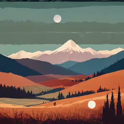 a landscape of snowy mountains with trees in the foreground,a view of a landscape with a full moon