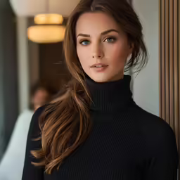 a pretty woman standing next to a wall