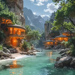 there are some houses by the water in this picture