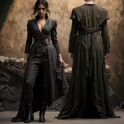 a woman walking next to a man in black clothing