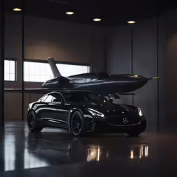 a sleek black sports car with a jet behind it