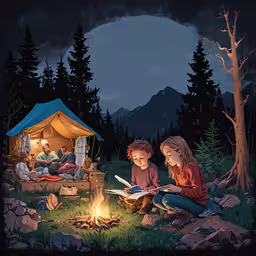 a group of children are sitting outside by the fire,a boy and girl sitting in front of a campfire reading a book