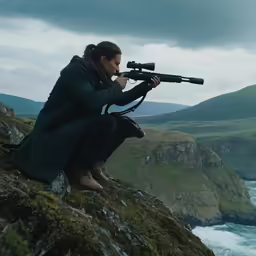 a woman sitting on top of a cliff next to a river