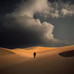 a man in the desert under an unusually cloudy sky
