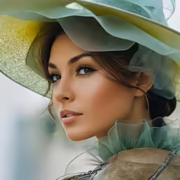 a young woman wearing a large yellow and blue hat